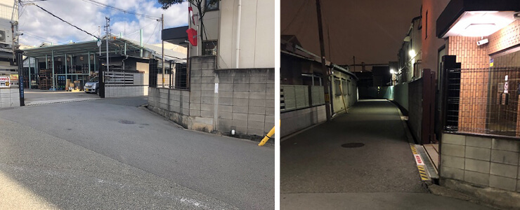 大阪工場敷地外道路を照らす照明（昼の様子／夜の様子）